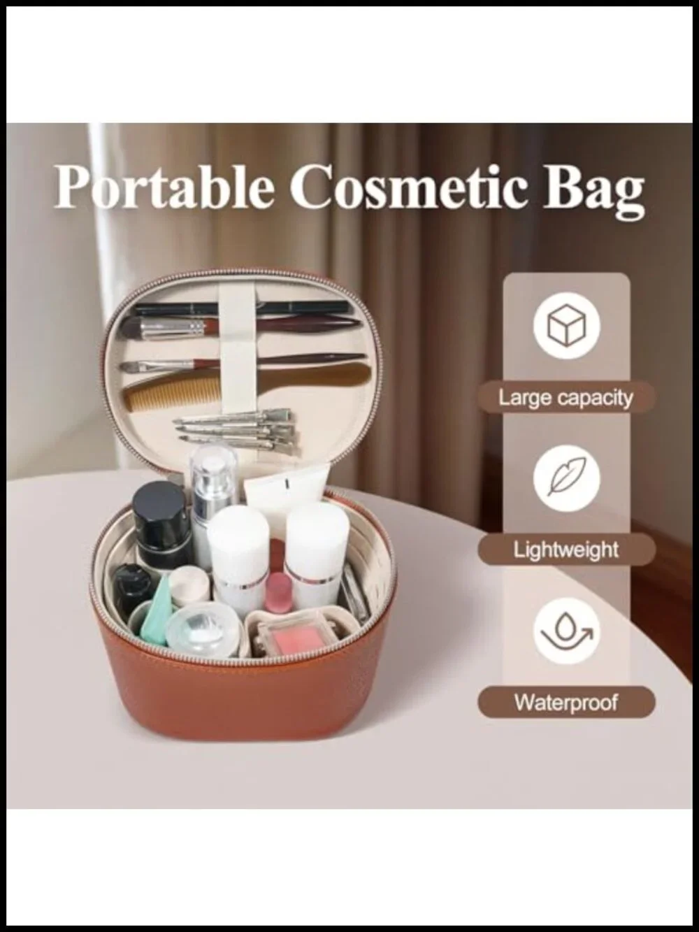 Leather Makeup Bag with Handle and Compartments, Travel Cosmetic Organizer